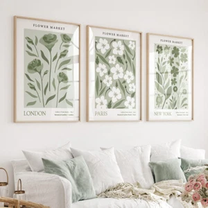 Set of 3 Sage Green Wall Art Prints Botanical Flower Market Living Room Posters - Picture 1 of 5