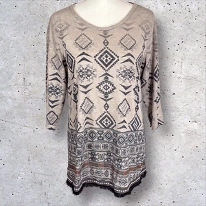 Ali Miles Tunic Top Womens Tan Black Geometric Aztec Tribal Southwestern Medium - Picture 1 of 11