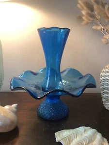 Vintage Cobalt Blue Glass Epergne Vase Stemmed Texured Diamond Point Horn - Picture 1 of 10