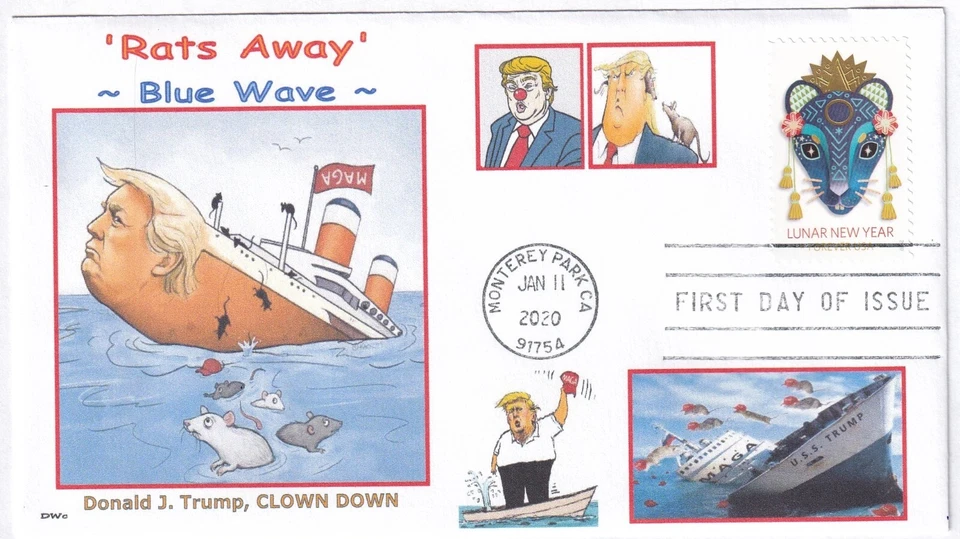 TRUMP- 'RATS AWAY' - BLUE WAVE- RATS JUMPING SHIP  CLOWN DOWN   FDC -DWc - Image 1 of 1