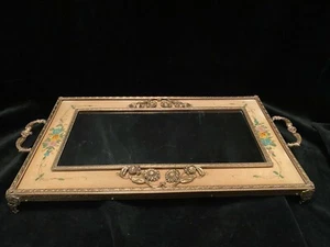 Vintage Vanity tray large gilt Brass with Floral painted garlands on velvet - Picture 1 of 8