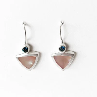 Розовый перламутр швабра, синий кристалл 925 Ster серебро подвеской серьги 1» EUC - Изображение 1 из 4