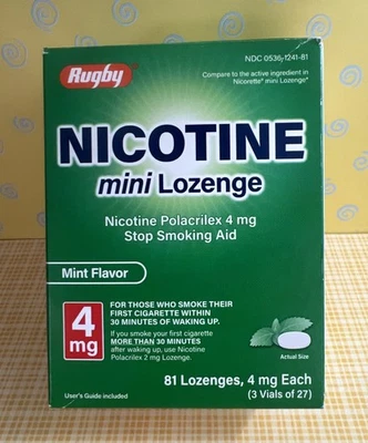 Rugby Nicotine Mini Lozenge 4 mg Stop Smoking Aid Mint Flavor 81 Ct Exp 7/27 - Image 1 of 3