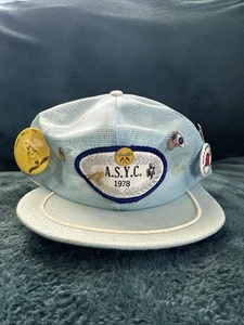 RARE VINTAGE 1978 A.S.Y.C MESH BABY BLUE TRUCKER HAT DERBY CAP LOUISVILLE W/PINS - Picture 1 of 14