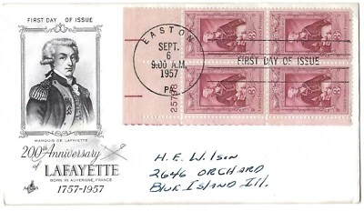 3 '57 FDCs 200th Anniv. Lafayette  PB Easton PA, B4 Louisville, B4 Fayetteville - Image 1 of 3