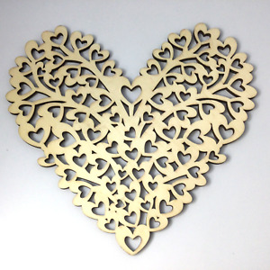 Wooden Heart Cutout Plaque Filigree Wall Hanging Decor Beige 12 in x 12 in