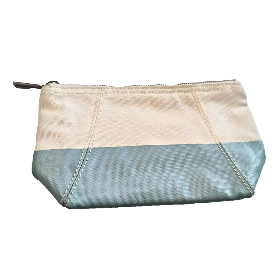 Bath And Body Works Canvas Makeup Bag Blue And Silver Striped Colorful Pre-own - Image 1 of 4