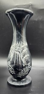 Marble Vase Black Asian Style White Engraving River Scene Heavy 8in