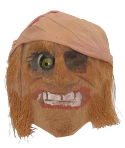 1950s Hand Carved Coconut Tiki Pirate Head – Vintage Folk Art Halloween Decor - Picture 1 of 8