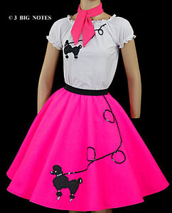 3-Pc Neon Pink Poodle Skirt Outfit _ Adult Size LARGE _ Waist 35"- 41"