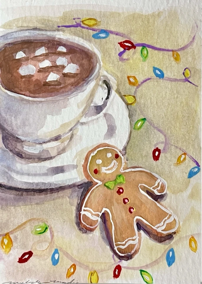 ACEO Original Art, Christmas, Gingerbread Man, Hot Chocolate, Cookie, Gouache - image 1 of 1