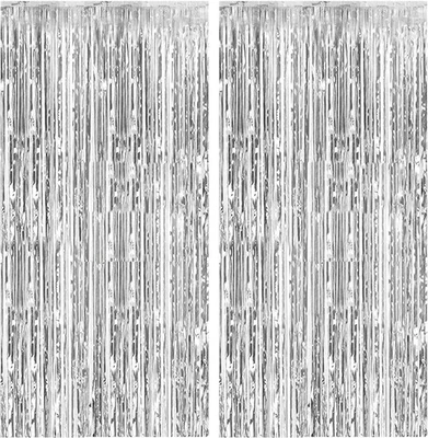 Paquete de 2 cortinas de aluminio telón de fondo plateado metálico oropel lámina flecos cortinas foto B Foto 1 de 4