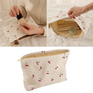 with Lining Cherry Makeup Bag Corduroy Cosmetic Organizer Bag Daily Use - Picture 1 of 11