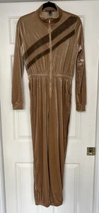 Womens Tan Camel Velour Velvet Jumpsuit Size Large Retro Racing Track Suit - Picture 1 of 7