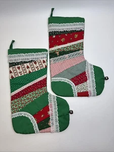 2 Vintage Quilted Christmas Stockings Patchwork Lace Red Green Bears Cotton - Picture 1 of 10