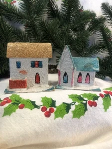 Vintage Christmas~ Putz Houses~ 2 Mini Cardboard Houses~ Ornaments~ Japan - Picture 1 of 14
