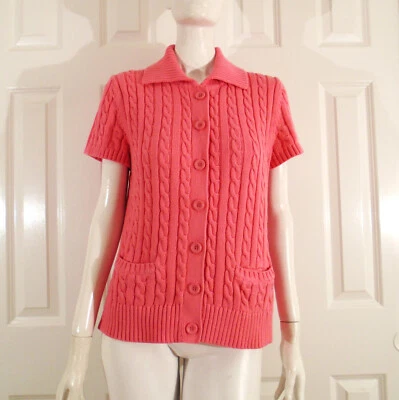 L L Bean Size M Reg Pink Short Sleeve 100% Cotton Cable Knit Button Cardigan - Image 1 of 4