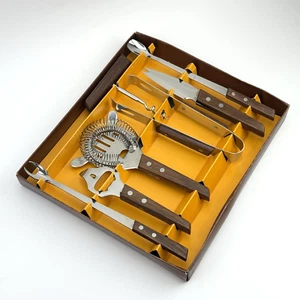 Vintage Bar-Set | Edelstahl & Teakholz | 6-teilig | Cocktail Zubehör | OVP - Picture 1 of 18