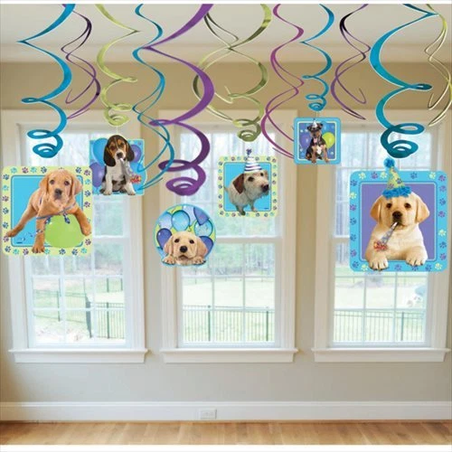 PUPPY PARTY SWIRL HANGING DECORATIONS (12) ~ Birthday Party Supplies Foil Dogs - Изображение 1 из 1
