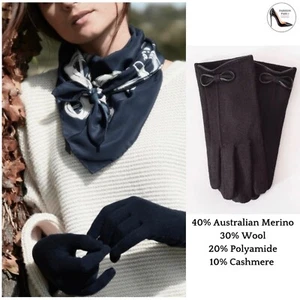 Luxury Cashmere Merino Wool Gloves Classic Black Driving Winter Mittens with bow - Picture 1 of 6