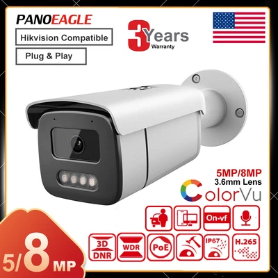 Hikvision Compatible ColorVu 4K 8MP 5MP Security Bullet IP Camera MIC POE 3.6mm