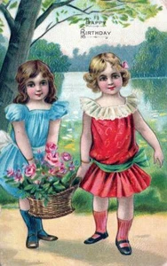 BIRTHDAY - Two Girls And Basket Of Flowers Happy Birthday Postcard - Picture 1 of 2