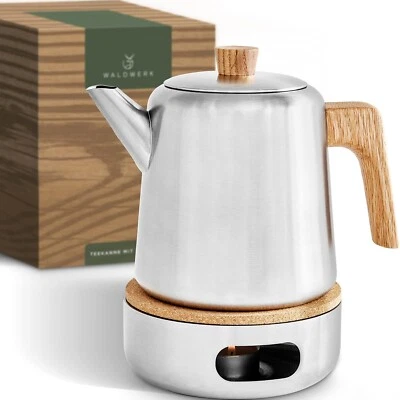 WALDWERK Teekanne mit Stövchen 1,1L | Edelstahl, Eichenholzgriff, Sieb - Bild 1 von 4