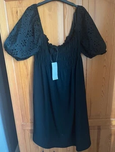 George Black Shirred Dress Broderie Puff Sleeves 14 - Picture 1 of 2