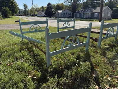 Bleached Blue Vintage Wooden Bed Frame with Wagon Wheel Design - Image 1 of 4