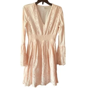 Venus Ösen Kleid Glockenärmel V-Ausschnitt gesmokte Taille rosa Größe 10 - Bild 1 von 7