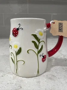 LADYBUGS Hand Painted Yellow Raised Floral Daisy Lang Ceramic 18oz Mug Ladybug - Picture 1 of 8