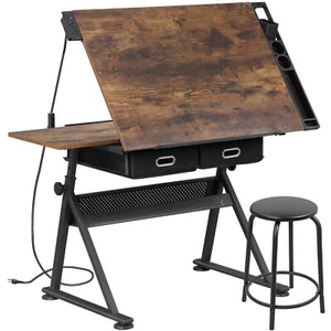 Drafting Table Wooden Drawing Desk Craft Station Artist w/Charging Station Retro - Picture 1 of 17