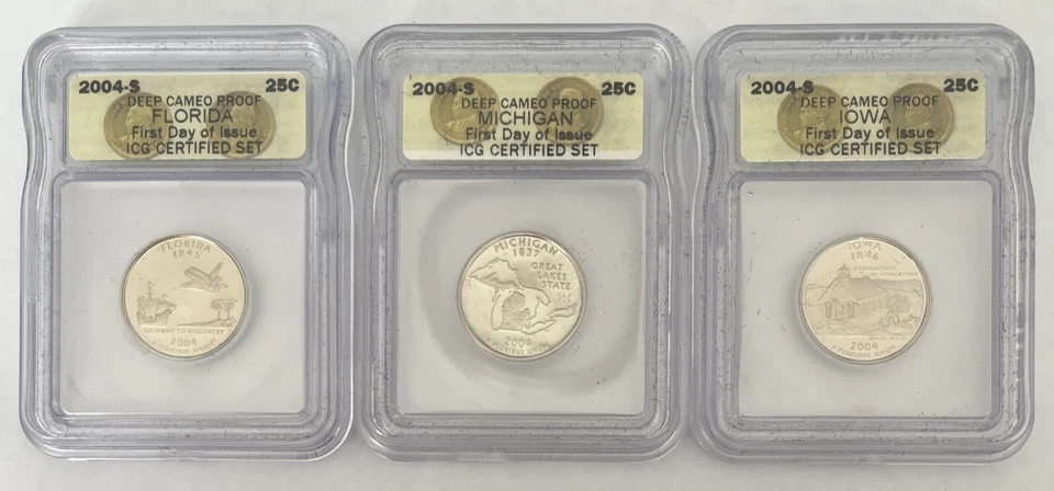 2004 S 25c ICG CERTIFIED 3 COIN SET DEEP CAMEO PROOF 1st DAY ISSUE STATE QUARTER - Image 1 of 2