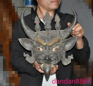 16.4" Tibet Buddhism bronze Gilt Ox Bull Yamantaka King Buddha mask Wall hanging - Picture 1 of 8