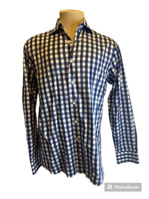 Van Laack Men Shirt Button Down Sz 39 Neck 15 1/2 Plaid White and Blue - Image 1 of 4