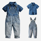 2Pcs Kids Boys Plaid Shirt Suspender Pants Summer Party Formal Clothes Set