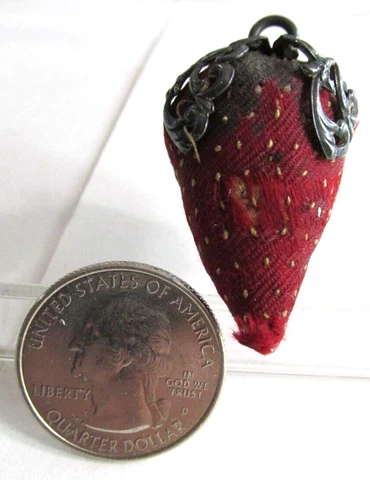 Antique Sterling Top Strawberry Pin Cushion, Sterling And Cloth Vintage sewing Cover