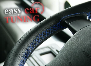 For Ford Fiesta 02-2008 Black Perforated Real Leather Steering Wheel Cover Blue - Picture 1 of 5