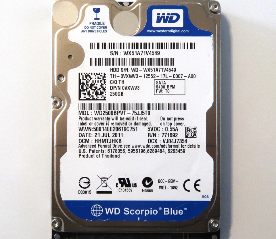 WD WD2500BPVT-75JJ5T0 HHMTJHKB (WX51) Thailand 250gb 2.5" Sata HDD 21JUL2011 - Image 1 of 1