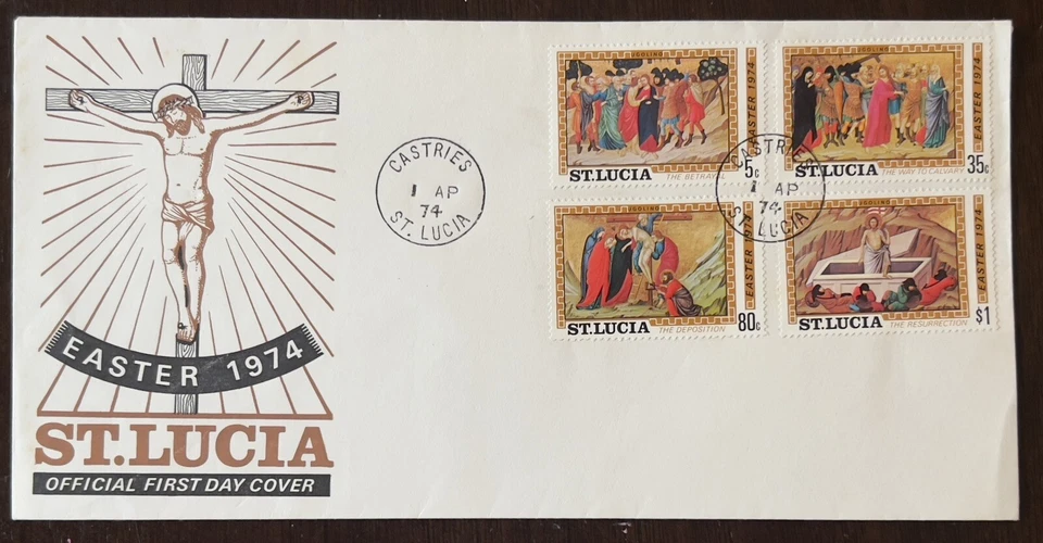 1974 CASTRIES ST. LUCIA EASTER JESUS FDC FIRST DAY COVER WITH STAMPS BLOCK - Image 1 of 2