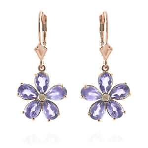 14K. GOLD LEVER BACK EARRING WITH TANZANITES & DIAMOND (Rose Gold)