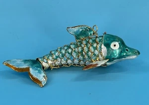 ALSAN viktorianischer Emaille DOLPHIN blauer Fisch Weihnachtsschmuck 3-D Metall verbunden - Bild 1 von 5