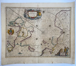NORTH POLAR REGION 1663 WILLEM BLAEU LARGE ANTIQUE MAP (HEIGHTENED WITH GOLD) - Picture 1 of 12