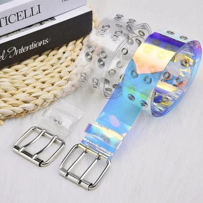 Transparent Laser Holographic Women Belt Punk Pin Buckle Waistband Waist Strap - Image 1 of 4