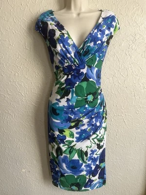 Lauren Ralph Lauren Cannes Blue Floral Faux Wrap Ruched Side Dress Size 16 - Image 1 of 4