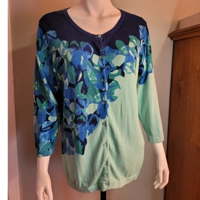 Cárdigan Isaac Mizrahi Seafoam Azul Floral Algodón L Gráfico Chic Ligero Foto 1 de 4