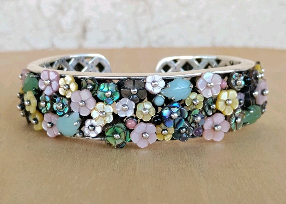Brazalete Whitney Kelly 925 Esterlina Multi-Gema Floral Bisagras 56.8g 6.75" Ajuste Foto 1 de 4