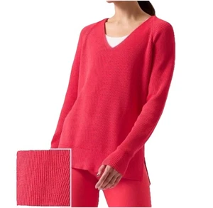 Athleta Hanover Merino Wool V-Neck Tunic Knit Sweater Coral Pink Women’s Sz 1X - Picture 1 of 9
