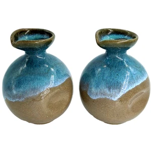 2 jarrones pequeños de cerámica pellizcados esmalte por goteo azul de 4,5" de alto  - Imagen 1 de 6