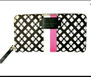 Kate Spade Neda Geldbörse schwarz/pink/weiß Mittelstreifen umlaufender Reißverschluss #WLRU1187 - Bild 1 von 7